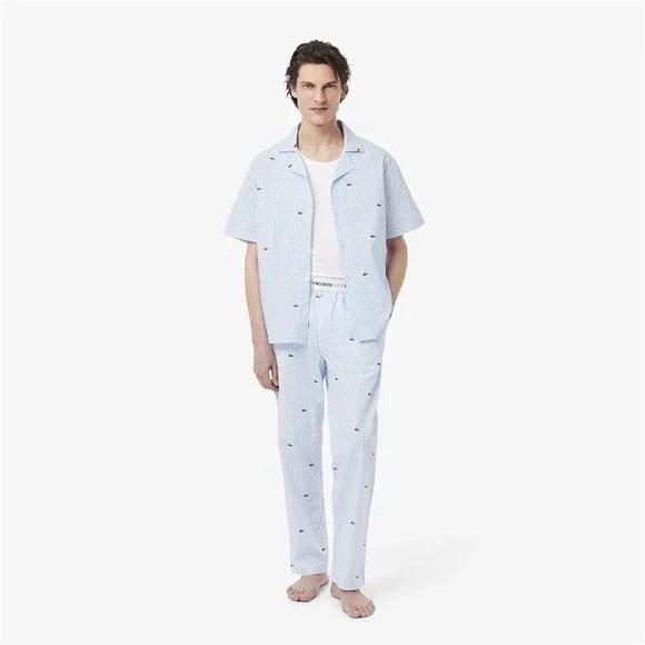 NWT Lacoste L Printed Alligator Striped Cotton Pajama Top & Bottom 131110